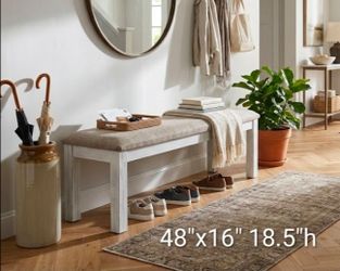 Can Deliver Upholstered Farmhouse Bench Whitewash Wood white