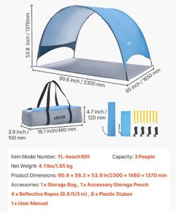 VEVOR Beach Tent Sun Shelter 3-Person, Blue - Brand New