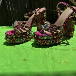 Azalea Wang Rose Red Woman’s Ankle Strap Rhinestone High Chunky Heel Sandals