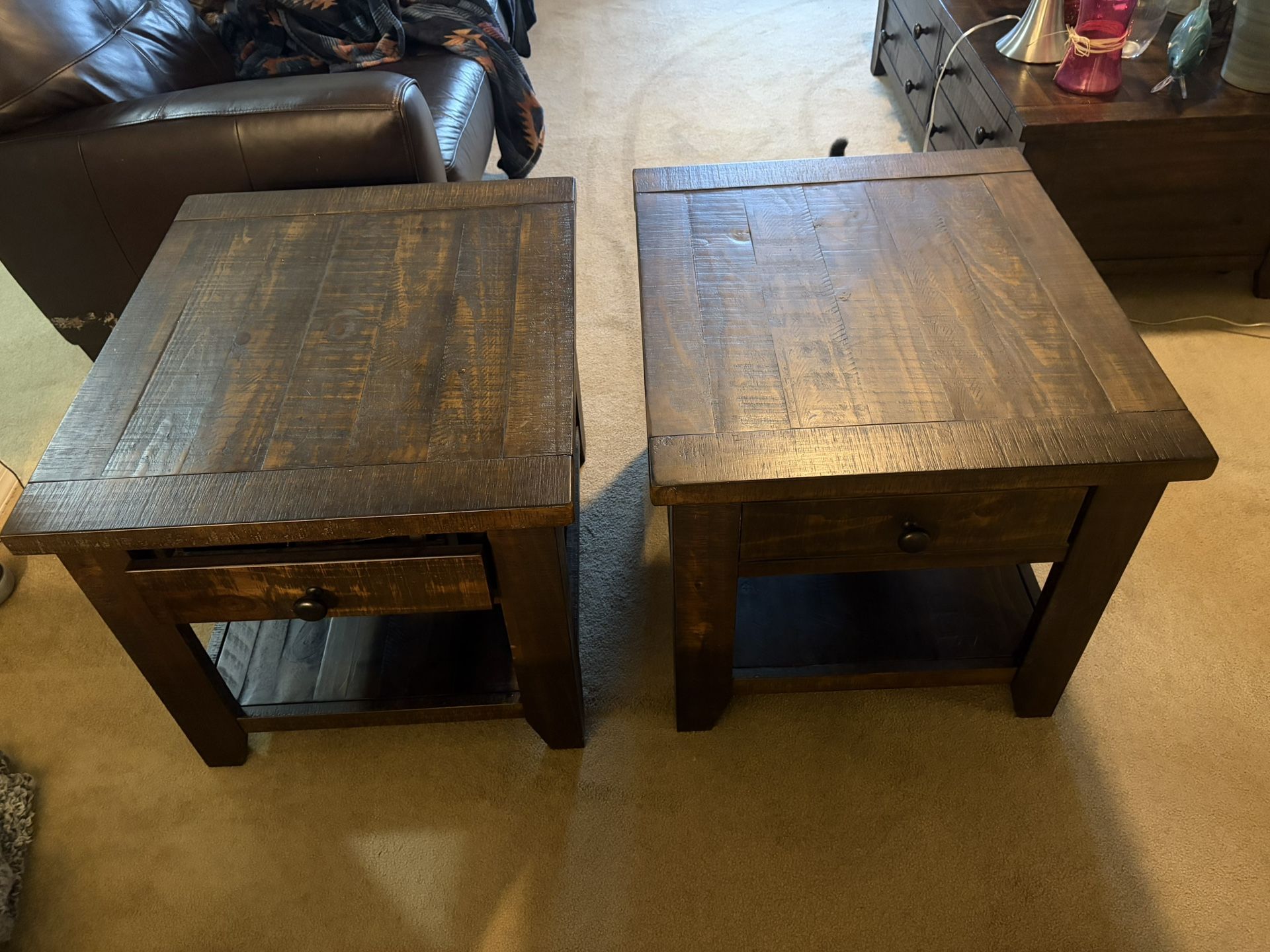 Two Brown Wooden End Tables