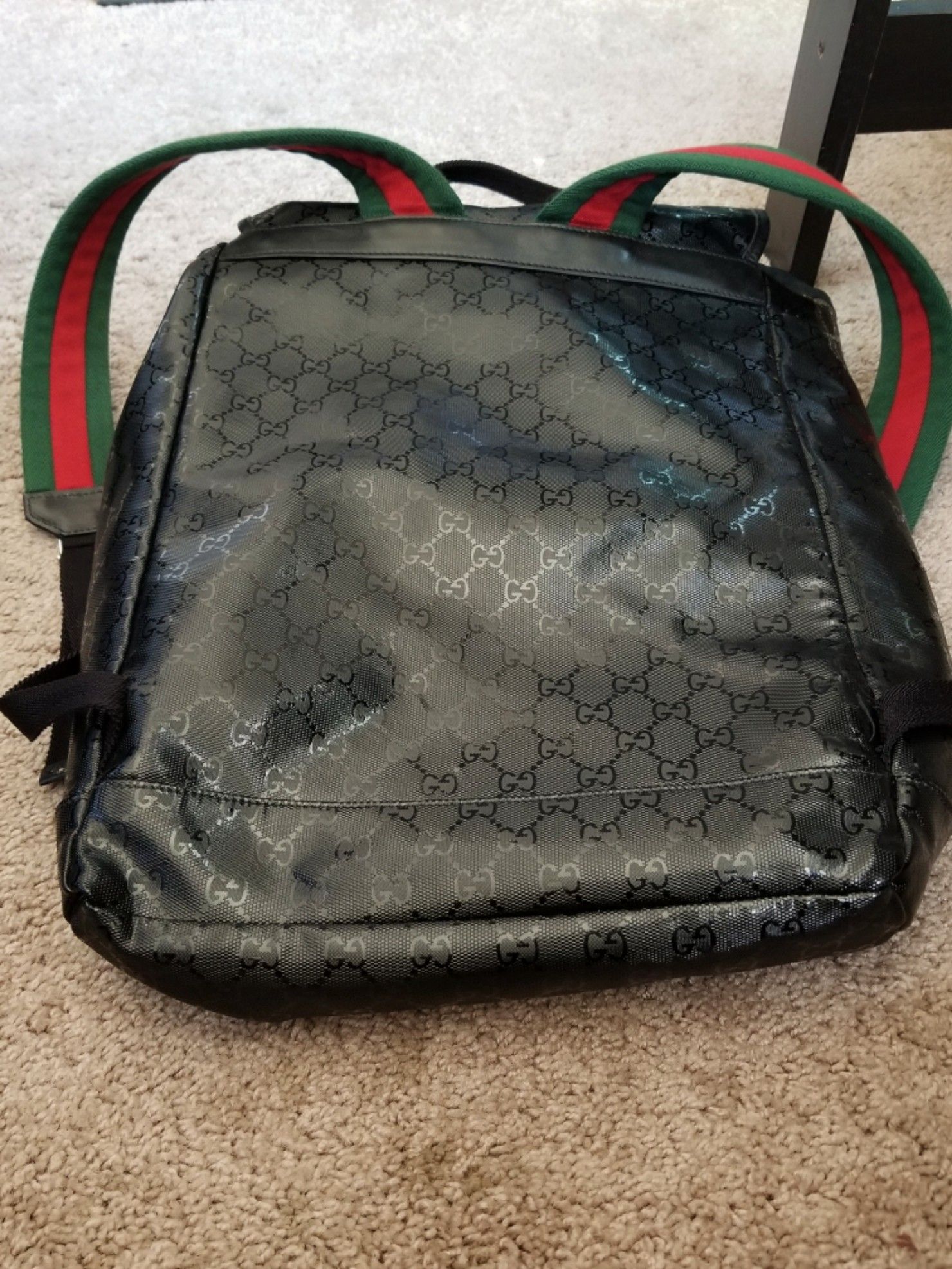 Gucci, Bags, Authentic Gucci Black Gg Backpack Imprime Monogram Green Red  Straps Like New