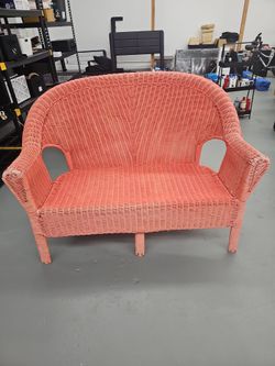 Coral Pink Wicker Loveseat Bench