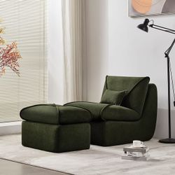 Modern Compressed Lounge Chair with Ottoman, Cozy Corduroy/Chenille Recliner for Small Spaces, Living Room, or Bedroom 
