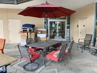 HAMPTON BAY Red Patio Table Set w/ 6 Chairs and Unbrella