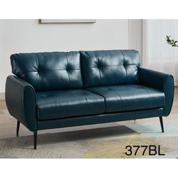 61" Small Loveseat Couches for Living Room Blue Leather Couch Mid Century Modern Tufted Mini Sofa Comfy Office 2 Seat Settee Love Seat for Small Space