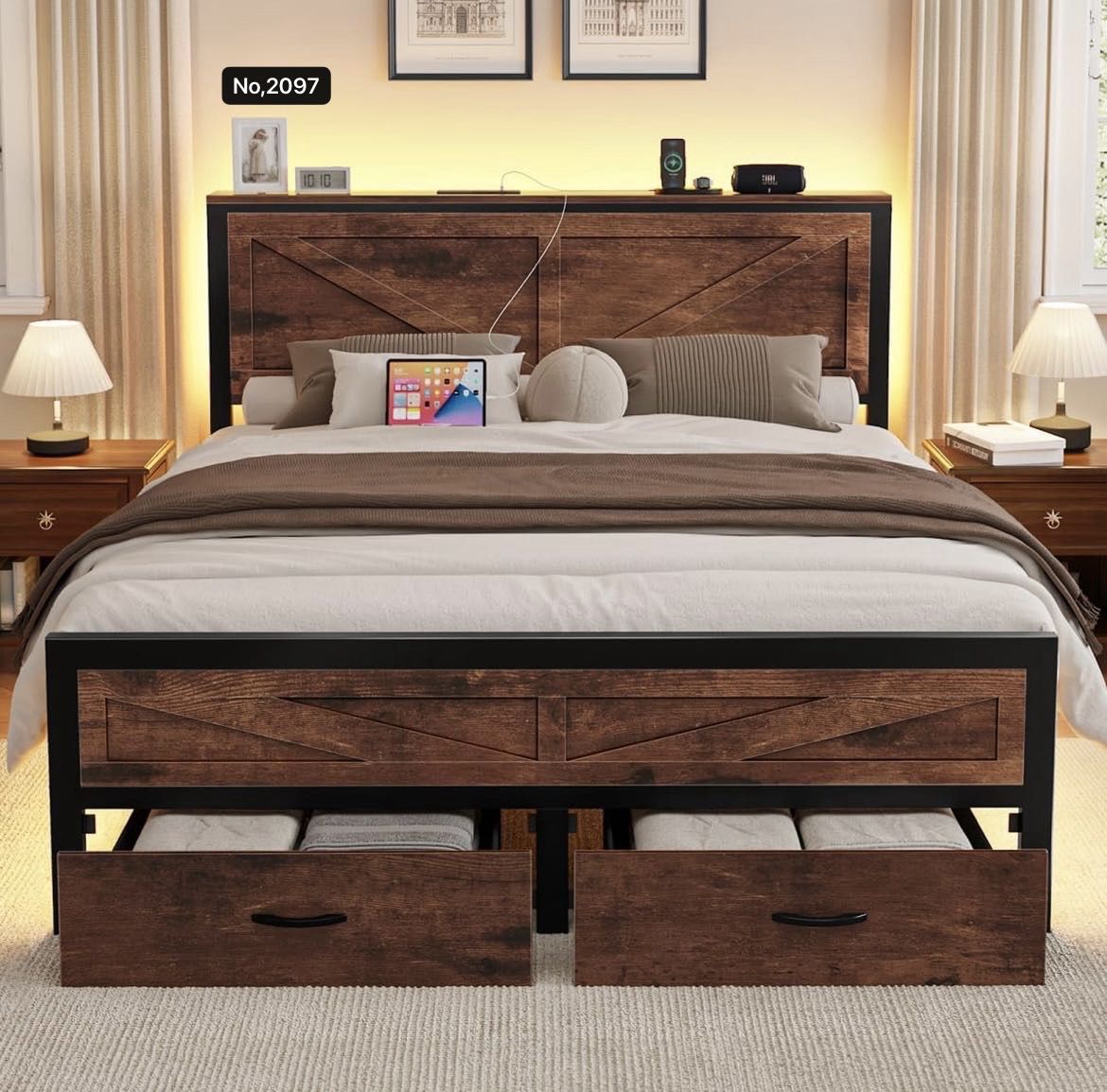 Full Size Bed Frame with Storage Drawers and Barn Door Headboard, Farmhouse LED Bed Frame Full with Charging Station, Metal Industrial Platform Bed Fr