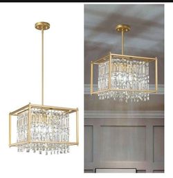 LMQNINE Modern Foyer Chandelier, Gold Crystal Chandelier Entryway Pendant Light Fixture, Square Adjustable Height Chandeliers for Kitchen Island