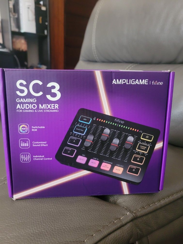 FIFINE Gaming Audio Mixer, Streaming RGB PC Mixer with XLR Microphone Interface, Individual Control, Volume Fader, Mute Button, 48V Phantom Power, for