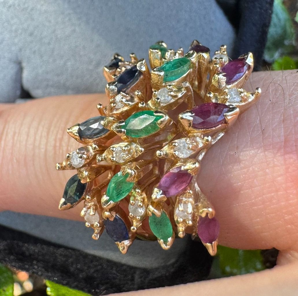 14k Yellow Gold Diamond Ruby Emerald and Sapphire Stackable Ring. Size 6.5.