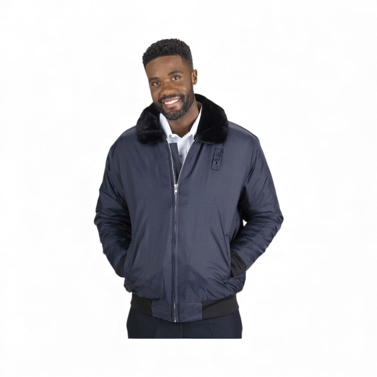 LawPro Bomber Security Unisex Jacket in black nylon with a faux fur collar