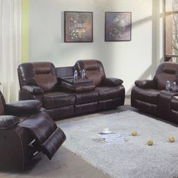Large Brown Leather Two Tone Fully Reclining Couch Set 