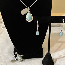 (Purchase The Set Or Individually) Pear Shape Larimar Pendant, Light Box Chain, Rhodium Plated Pear Drop Larimar Earrings and Larimar Turtle Pendant