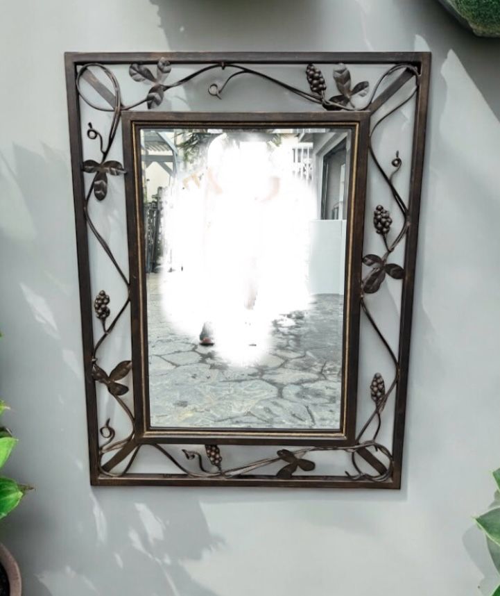 Large oversized Mediterranean Style antique bronze Wrought Iron grape / Leaf Beveled glass Mirror 38 x 50.