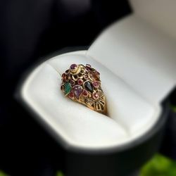 Jewelry Vintage ArtDeco 10k solid yellow gold multicoloured stones ruby emerald moonstone red garnet 1.8CTW crown ring sz 6.00