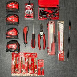 Milwaukee Tool & Accessory Lot – Tape Measures, Drill Bits, Sawzall Blades + M18 Bag