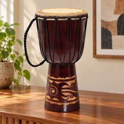 Decorative Djembe Hand Drum Carved Wood Rope Tuned Boho Music Room Accent Art