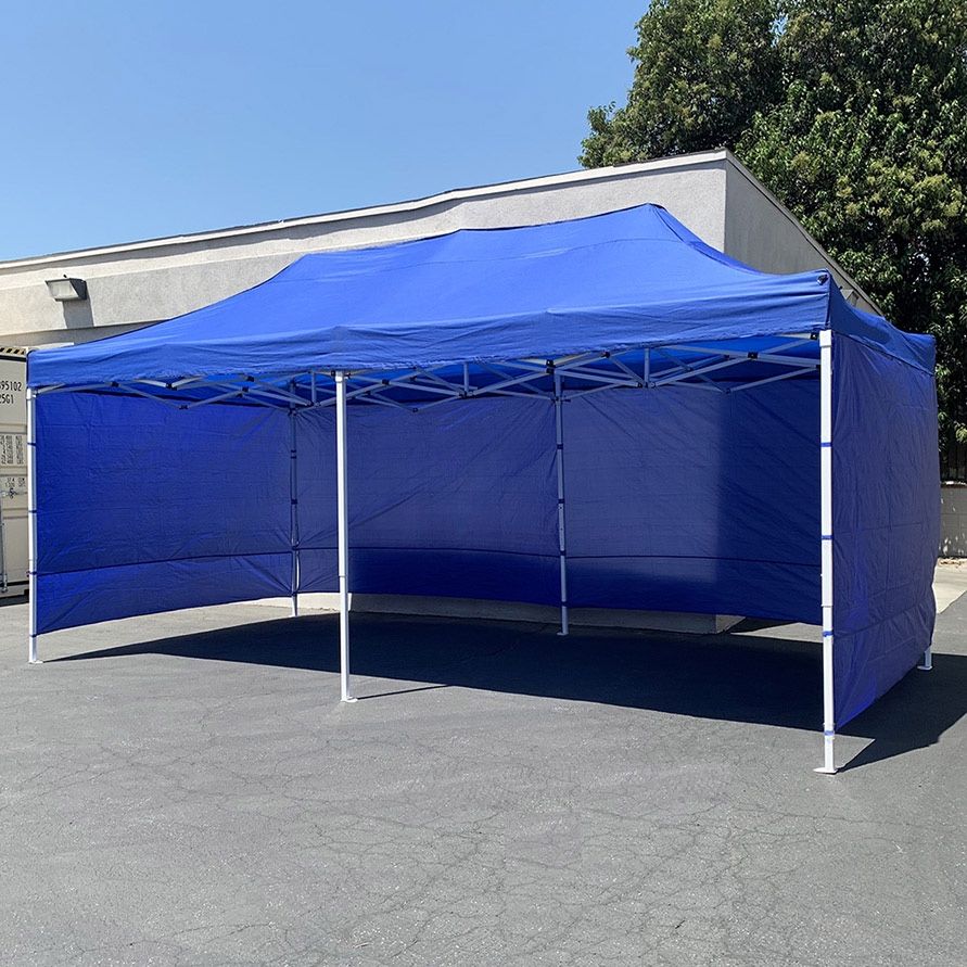 (Brand New) $225 Heavy Duty 10x20 FT Canopy (with 4 Sidewalls) Ez Pop Up Outdoor Party Tent w/ Carry Bag (White/Blue)