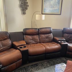 Brown leather reclining sectional 