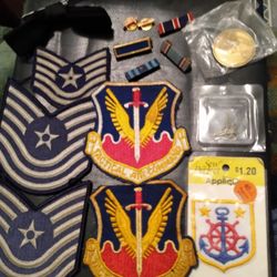 US Air Force Pins ,Patches,and Bowtie and a American Legion Vietnam War The Wall Coin Medallion 99 