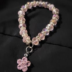 Pink And Opalescent Crystal Beaded Bracelet With Large Pink And Silver Rhinestone Flower Charm! 