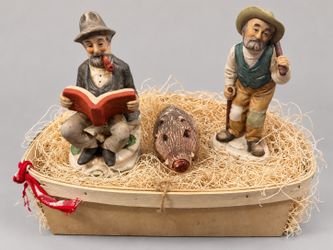 Vintage Hand-Painted Figurine Set with Two Men and Boar Head in Wooden Basket