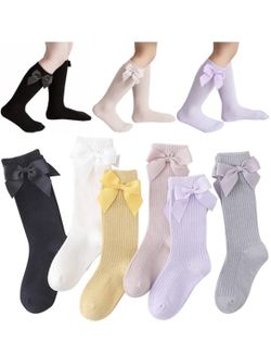 Little Girls' Knee High Socks Bow-Stitched Bows Long Stockings Casual & Dress Socks Cotton 6 Colors