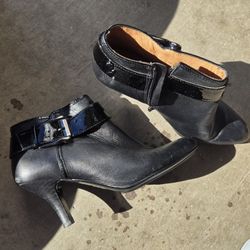 Sofft Bourges black leather heeled ankle bootie with a buckle detail