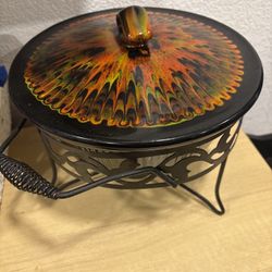 Vintage Psychedelic Enamel Fondue Pot Chafing Dish with Wrought Iron Stand – Mid Century Retro