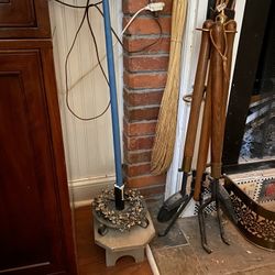 Primitive Country Americana Wrought Iron Candle holder with Wood Stool