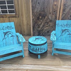 Salt Life Adirondack Chairs And Whiskey Barrel Table 