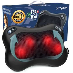 Zyllion Shiatsu Back and Neck Massager with Heat - Cordless Rechargeable 3D Electric Kneading Deep Tissue Massage Pillow with 2 Speeds for Muscle Pain