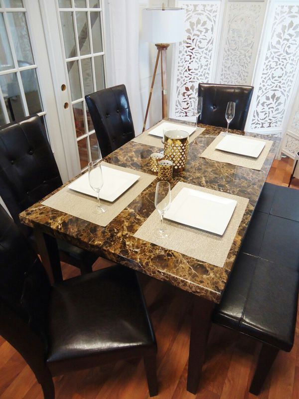 New Marble Top Dining Table with Chairs and Bench