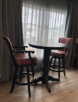 Classic Black Solid Wood Pub Table with Chess Board Inlay & Bar Stools with Cherry Leather Seats.
