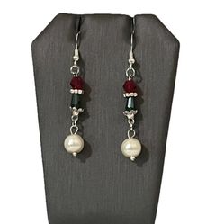 Christmas Festive Faux Pearl Earrings Red Green Bead Holiday Gift Handmade