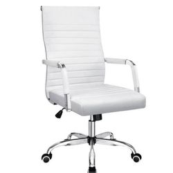 White Ribbed Office Mid-Back PU Leather Executive Task Chair with Arms