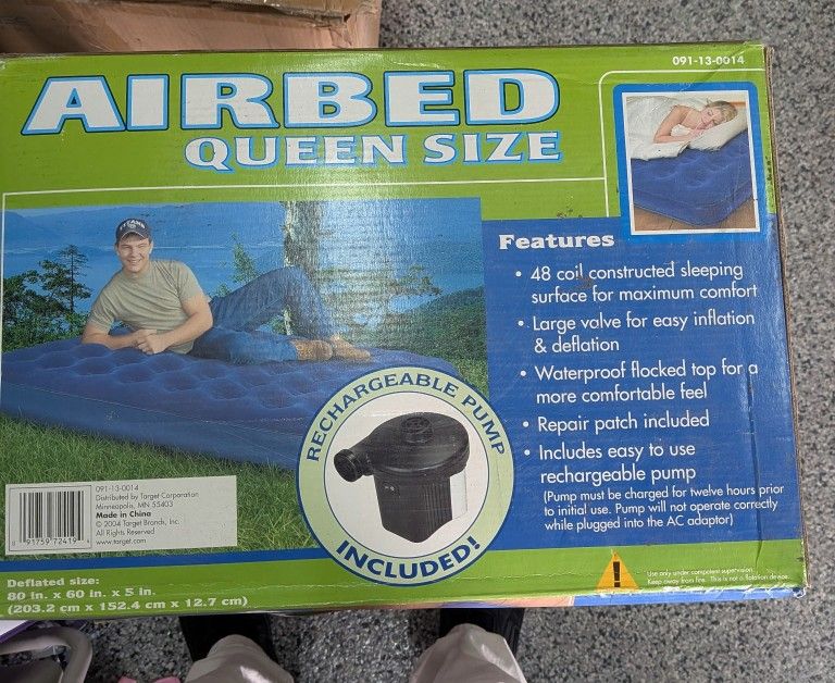QUEEN AIR BED MATTRESS WITH PUMP INCLUDED. NEW UNOPENED PACKAGE. ONLY $20