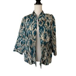Chico's Woman’s Open Front Aqua Blue Linen Cardigan Jacket 3/4 Sleeve, Sz 2 (L)