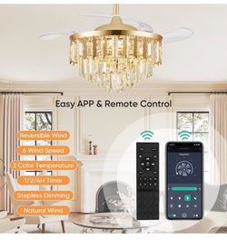 42" Fandelier Ceiling Fan with Light, Crystal Chandelier Fan with Retractable Blades Dimmable Crystal Ceiling Fan Chandelier for Bedroom Living Room D
