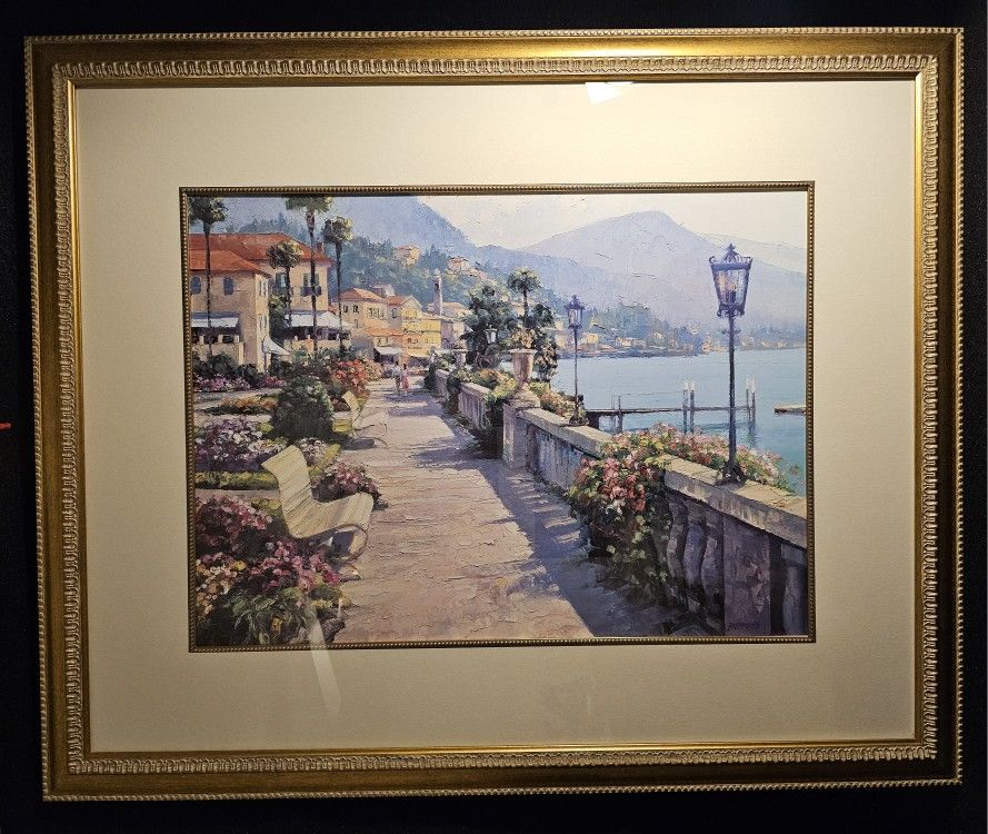 Large 45"x37" Vintage Matte Framed Painting "Bellagio Promenade" By renowned Artist Howard Behrens