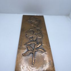 Vintage Copper Relief Panel Flowers Plaque Signed