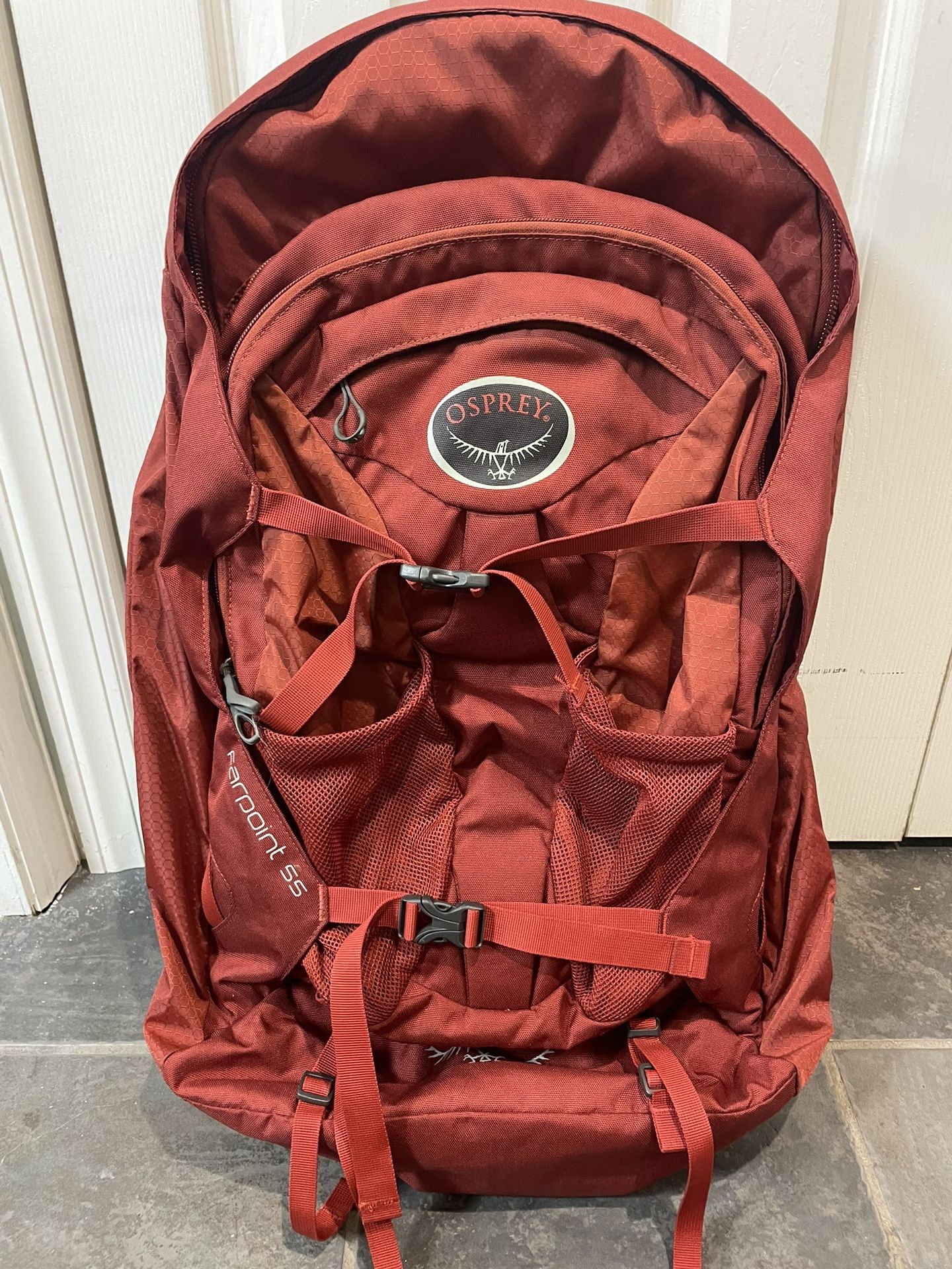 TWO Osprey farPoint 55 Travel Backpack, Jasper Red And/or Dark Gray
