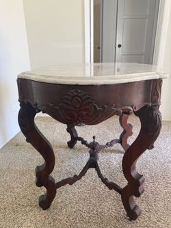 Antique Carved Wood Table with Marble Top