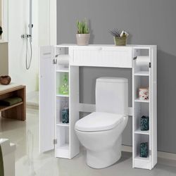 O488 $50 Over-The-Toilet Storage Cabinet - Freestanding Toilet Organizer with Doors, Adjustable Shelves & Toilet Paper Holders, Versatile Storage Rac