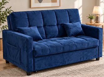 Blue Velvet Convertible Sofa Bed – Pull-Out Sleeper Loveseat