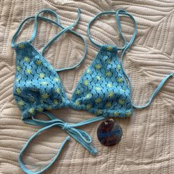 Decree Crochet Bikini Top Vivid Blue Aqua Lime Floral Embroidered Medium