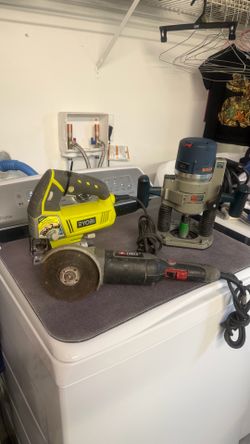 three tools,Bosch Routers, Ryobi jigsaw and Porter Cable Grinder 5”