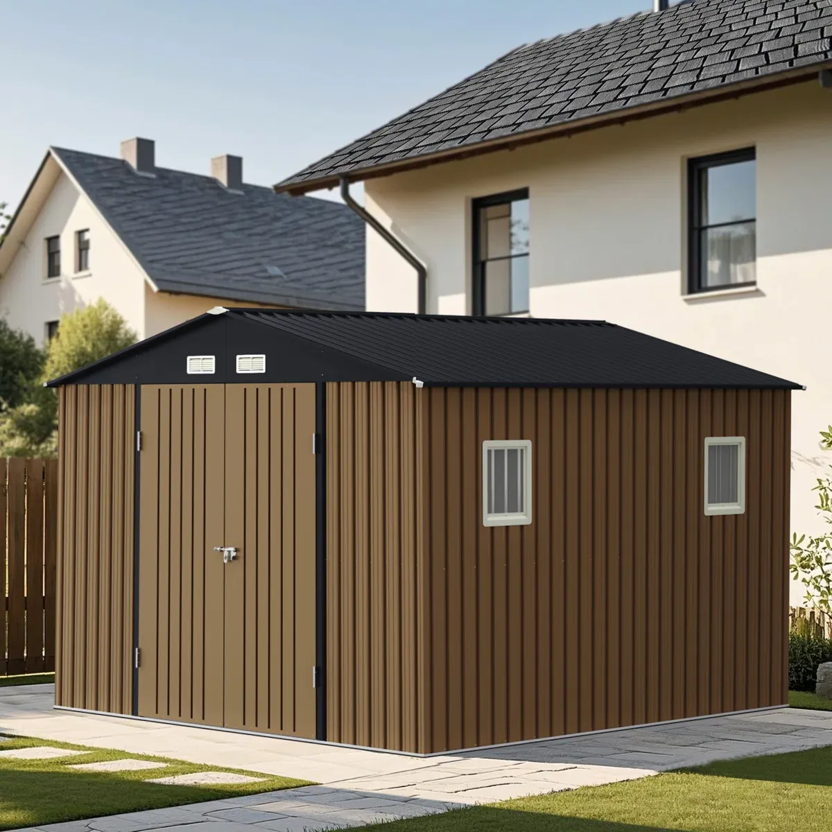 Outdoor Metal Storage Shed with Windows 10x12 ft (Grey)