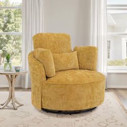 Ginger Chenille Fabric Upholstered 360° Swivel Accent Chair Metal Base Barrel Chair with Pillow