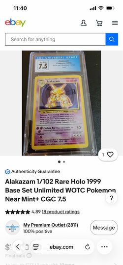 1999 Pokemon Card Alakazam 1/102