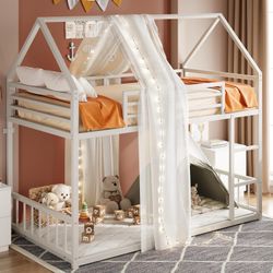 Bunk Bed Twin XL Over Twin XL,House Bed Frame with Ladder, White Twin XL over twin XL bunk bed. Heavy Duty Metal frame. Guardrails and ladder. No box 